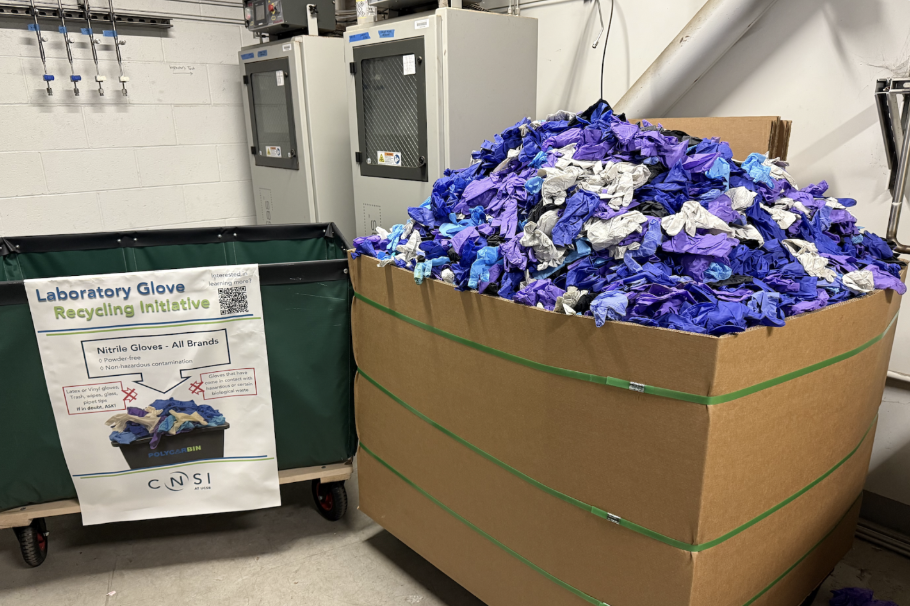 gloves in cardboard box with "laboratory glove recycling initiative" label