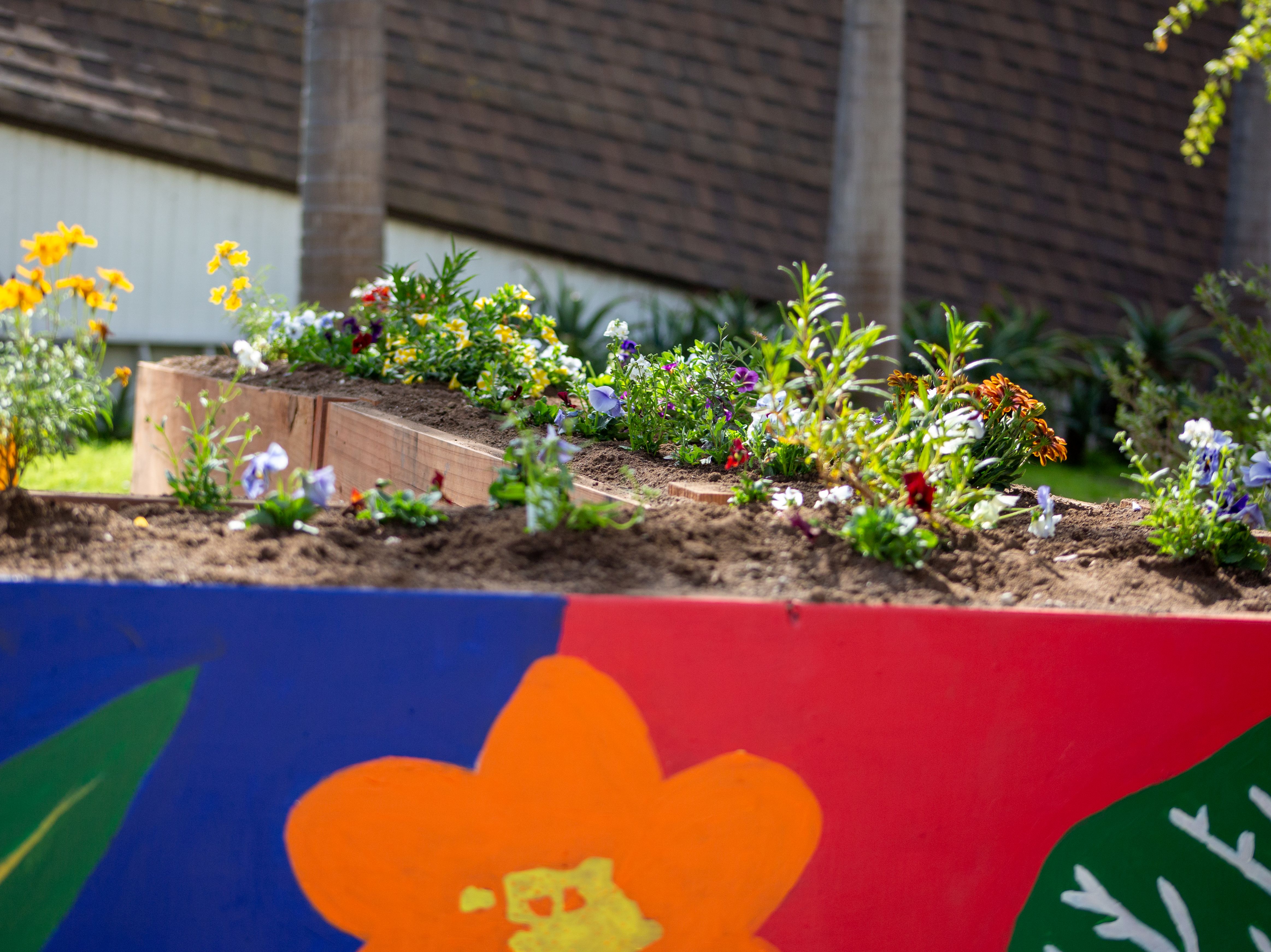 Garden box with flower and bright colors painted on it